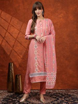 embroidered tie-up neck thread work straight kurta with trousers & dupatta 7