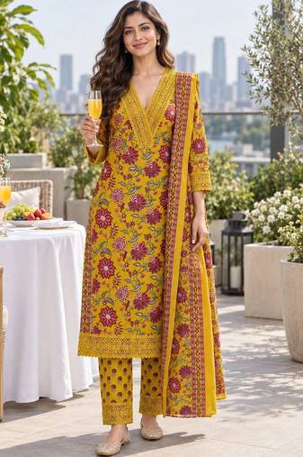 women floral printed regular  cotton kurta with trousers & dupatta