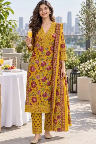 women floral printed regular  cotton kurta with trousers & dupatta