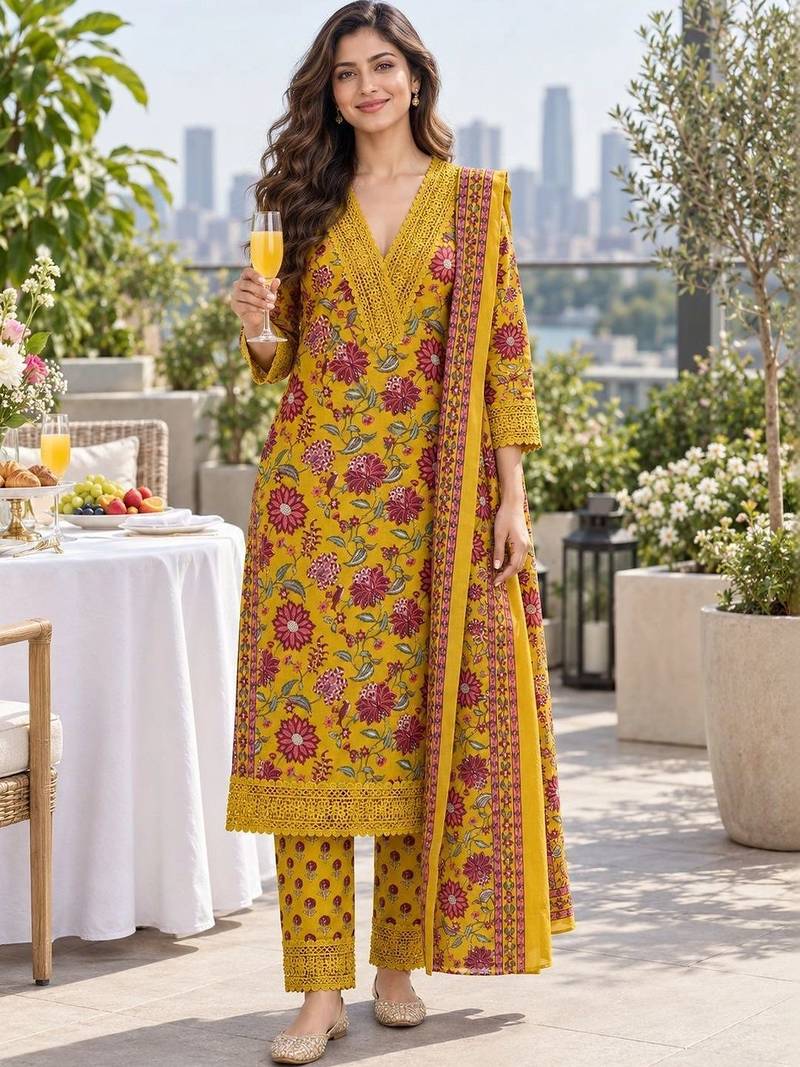 women floral printed regular  cotton kurta with trousers & dupatta