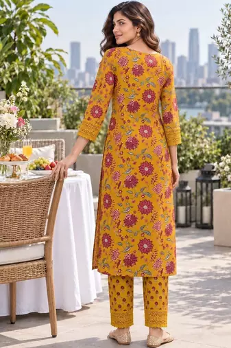 women floral printed regular  cotton kurta with trousers & dupatta