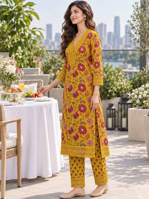 women floral printed regular  cotton kurta with trousers & dupatta 4