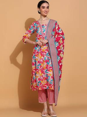women floral printed  cotton kurta with trousers & with dupatta 1