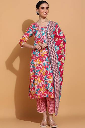 women floral printed  cotton kurta with trousers & with dupatta