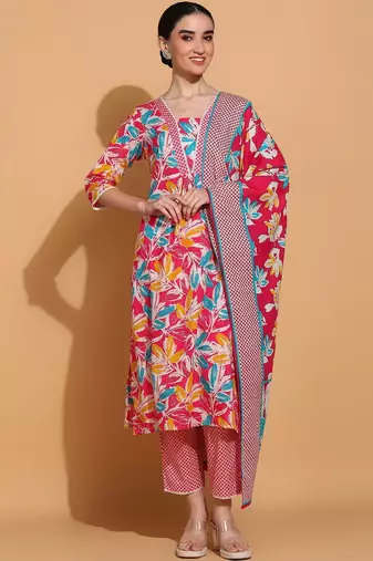 women floral printed  cotton kurta with trousers & with dupatta
