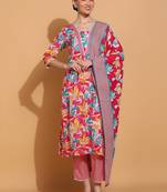 women floral printed  cotton kurta with trousers & with dupatta