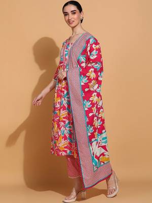 women floral printed  cotton kurta with trousers & with dupatta 2