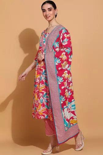 women floral printed  cotton kurta with trousers & with dupatta