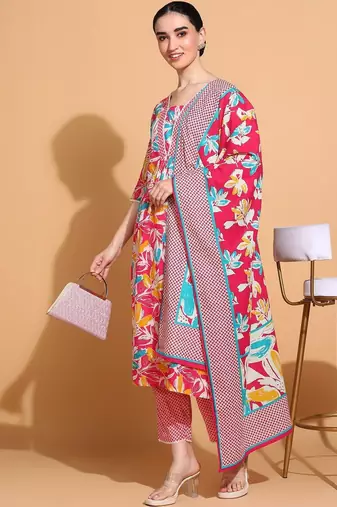 women floral printed  cotton kurta with trousers & with dupatta