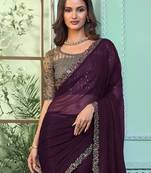 Purple embellished embroidered poly chiffon saree