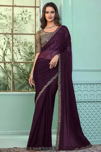 Purple embellished embroidered poly chiffon saree