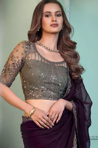 Purple embellished embroidered poly chiffon saree
