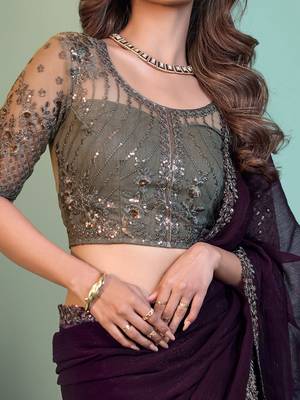 Purple embellished embroidered poly chiffon saree 4