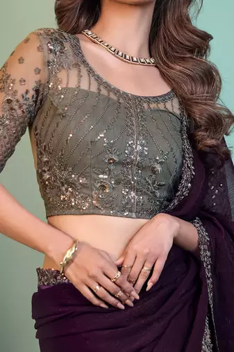 Purple embellished embroidered poly chiffon saree