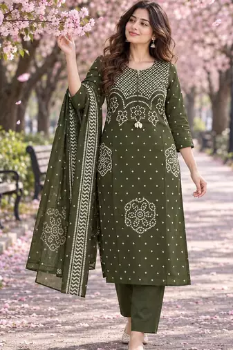 women ethnic motifs printed regular  cotton kurta with trousers & with dupatta