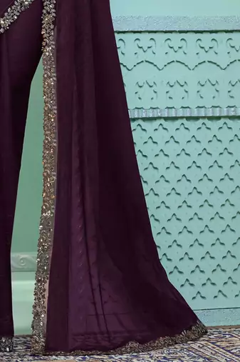 Purple embellished embroidered poly chiffon saree