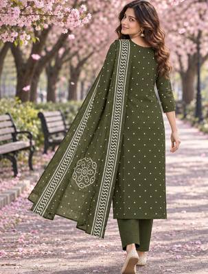 women ethnic motifs printed regular  cotton kurta with trousers & with dupatta 3