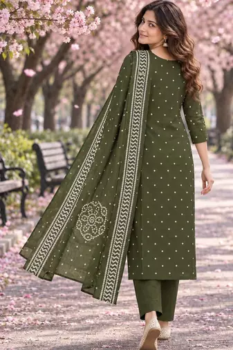 women ethnic motifs printed regular  cotton kurta with trousers & with dupatta