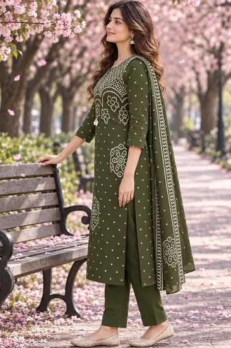 women ethnic motifs printed regular  cotton kurta with trousers & with dupatta