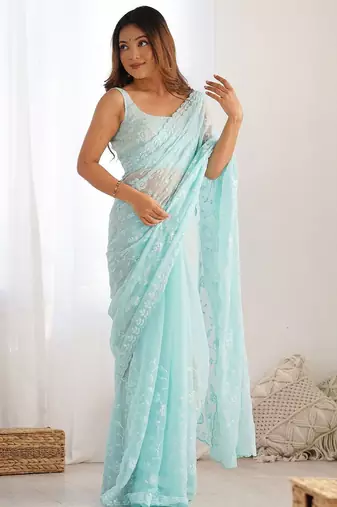 Blue floral sequinned  georgette saree
