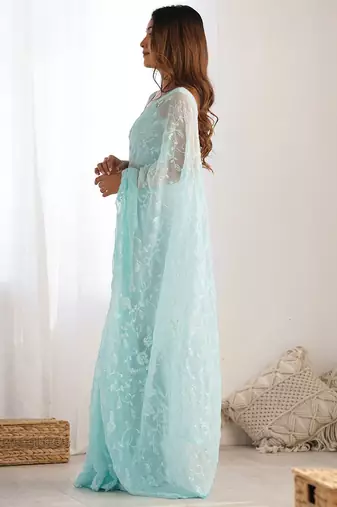Blue floral sequinned  georgette saree