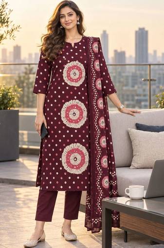 women ethnic motifs printed regular  cotton kurta with trousers & with dupatta