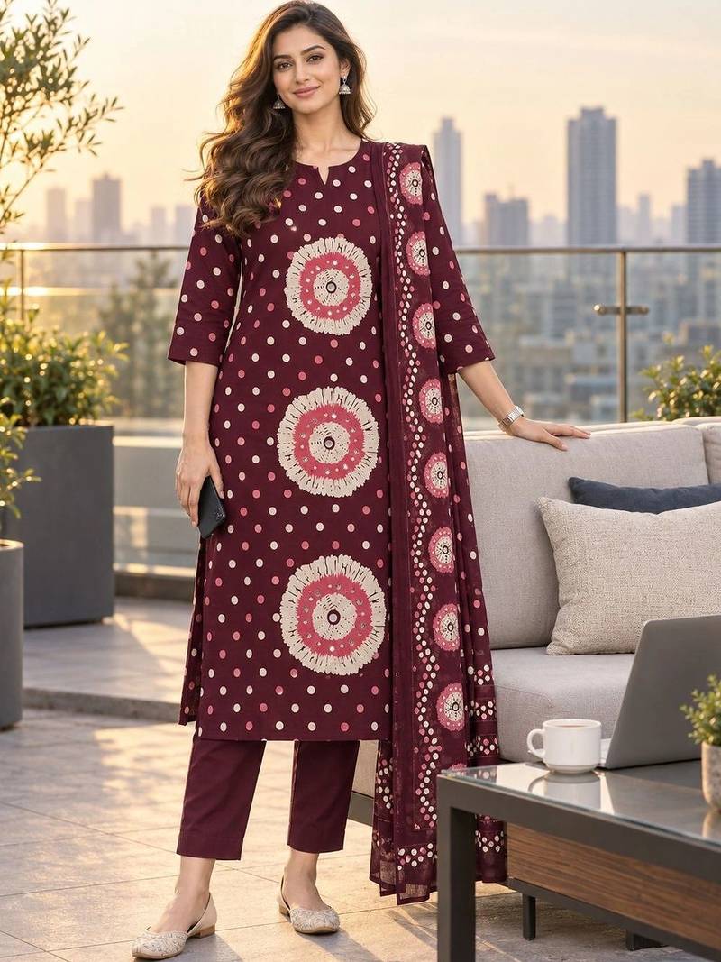 women ethnic motifs printed regular  cotton kurta with trousers & with dupatta
