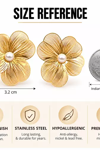 Anti-tarnish filigree petal design, statement studs, women's jewellery, lightweight metal, festive wear