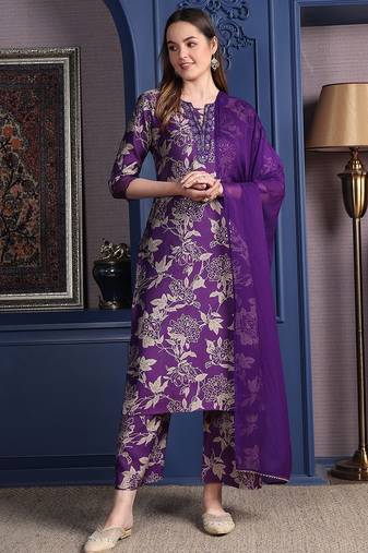 women floral printed sequinned kurta with palazzos & dupatta