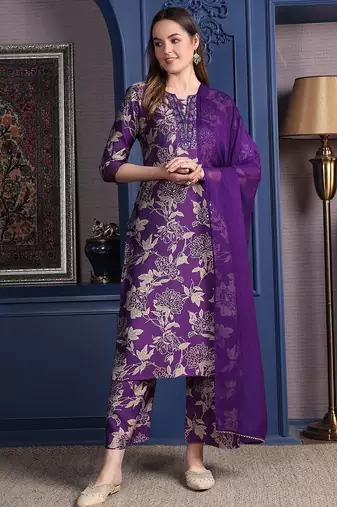 women floral printed sequinned kurta with palazzos & dupatta
