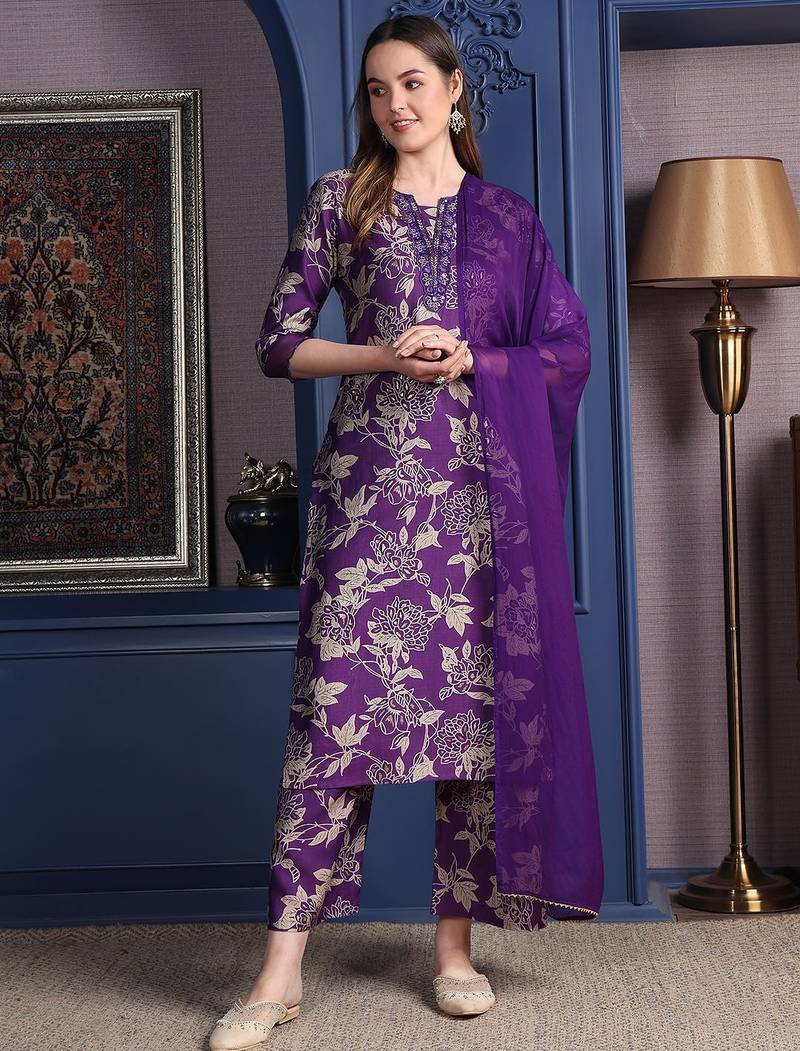 women floral printed sequinned kurta with palazzos & dupatta