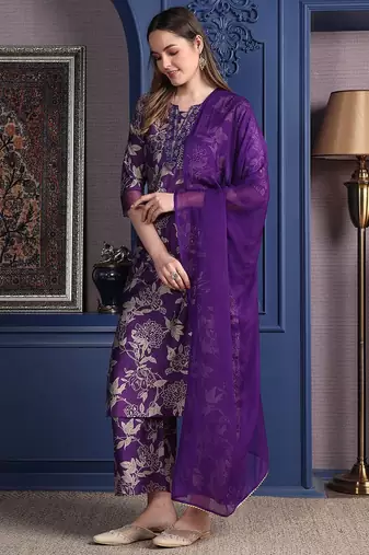 women floral printed sequinned kurta with palazzos & dupatta