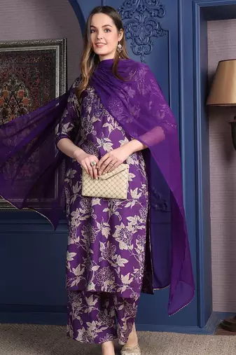 women floral printed sequinned kurta with palazzos & dupatta