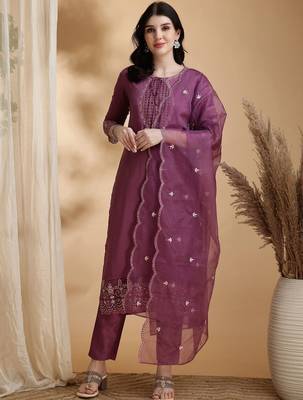 women embroidered sequinned kurta with trousers & with dupatta 1