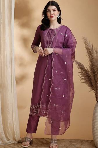 women embroidered sequinned kurta with trousers & with dupatta