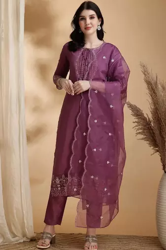 women embroidered sequinned kurta with trousers & with dupatta