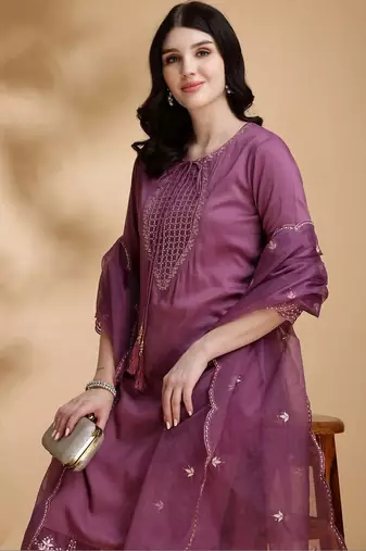 women embroidered sequinned kurta with trousers & with dupatta