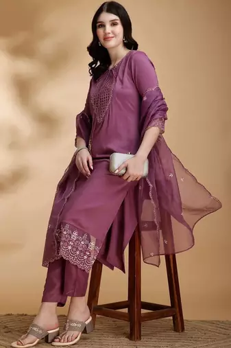 women embroidered sequinned kurta with trousers & with dupatta