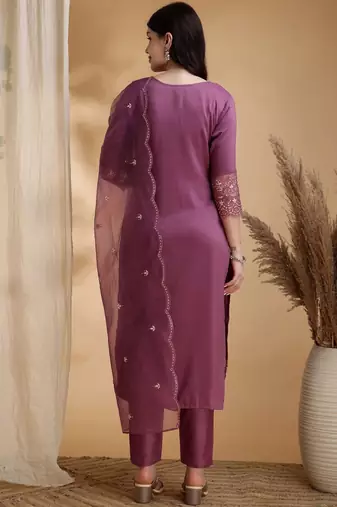 women embroidered sequinned kurta with trousers & with dupatta