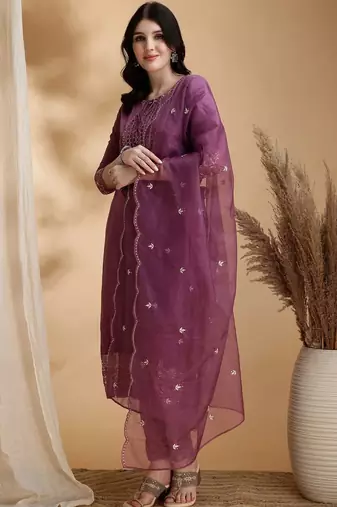 women embroidered sequinned kurta with trousers & with dupatta
