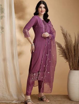 women embroidered sequinned kurta with trousers & with dupatta 7