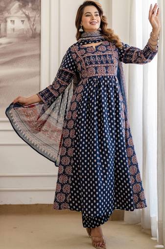 women ethnic motifs printed empire  cotton kurta with trousers & with dupatta