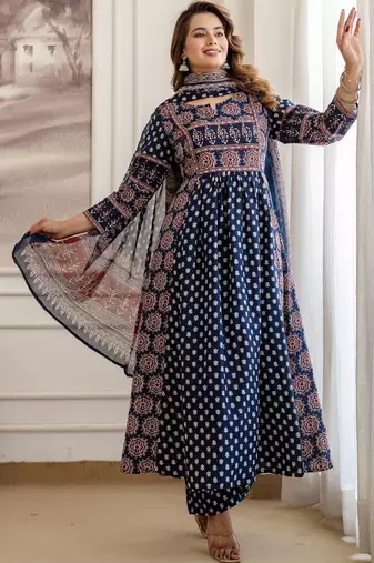 women ethnic motifs printed empire  cotton kurta with trousers & with dupatta