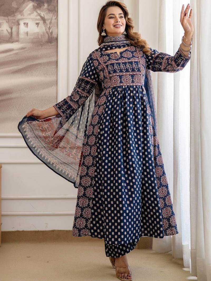 women ethnic motifs printed empire  cotton kurta with trousers & with dupatta