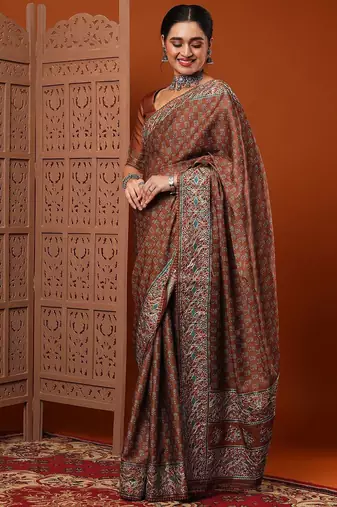 Brown brown floral printed saree