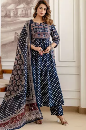 women ethnic motifs printed empire  cotton kurta with trousers & with dupatta