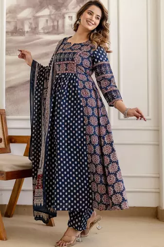women ethnic motifs printed empire  cotton kurta with trousers & with dupatta