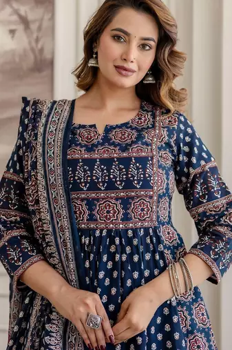 women ethnic motifs printed empire  cotton kurta with trousers & with dupatta
