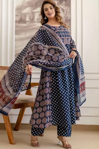 women ethnic motifs printed empire  cotton kurta with trousers & with dupatta