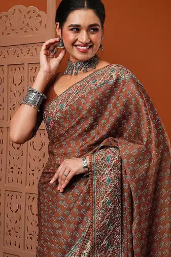 Brown brown floral printed saree